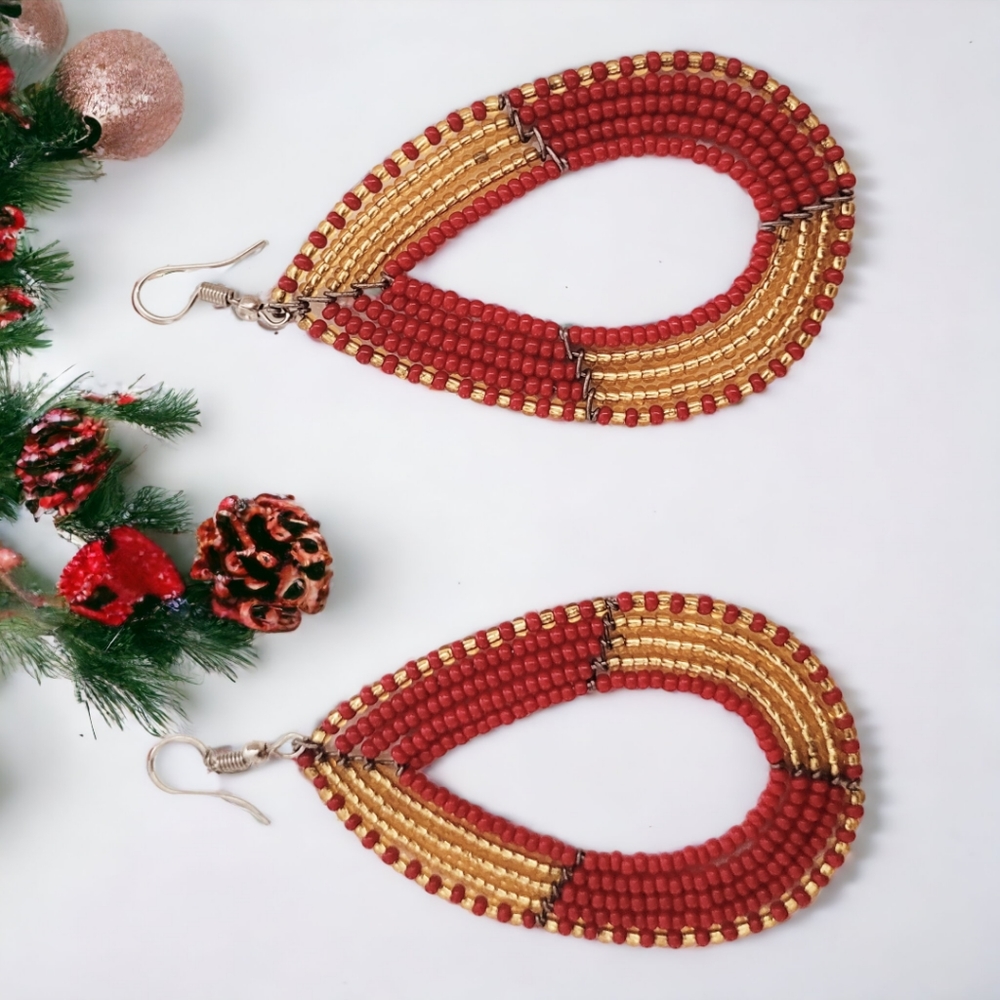 Earrings, Beaded earrings, Red and Gold Beaded earrings